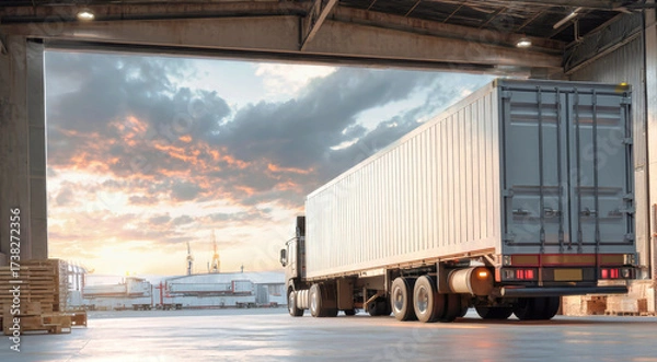 Fototapeta Cargo truck parked at loading area with open trailer door ready