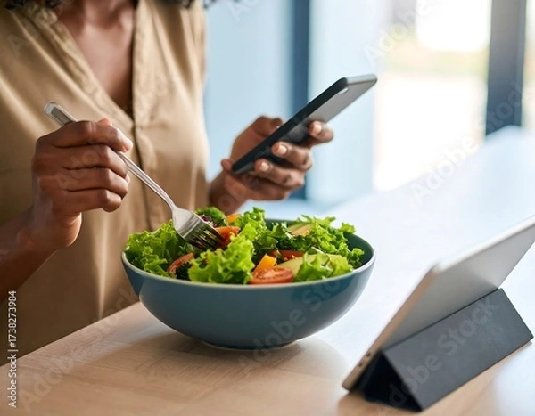 Obraz Woman eating salad while using technology