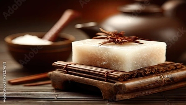 Fototapeta Elegant bar of soap on a wooden stand.