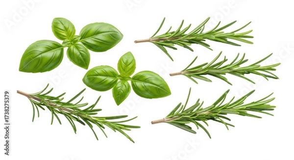 Obraz Isolated sprigs of fresh rosemary and basil herb leaves against a neutral backdrop