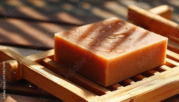 Fototapeta Close up of a bar of light brown soap on a wooden soap dish.
