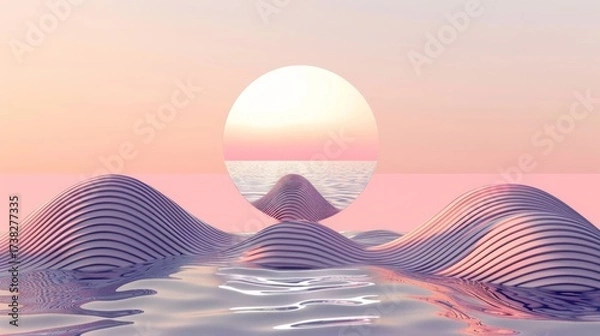 Fototapeta Abstract features a half-circle sun rising above horizontal stripes, representing the sea, set against a soft background