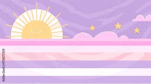 Obraz Abstract features a half-circle sun rising above horizontal stripes, representing the sea, set against a soft background