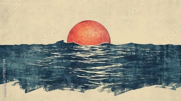 Obraz Abstract features a half-circle sun rising above horizontal stripes, representing the sea, set against a soft background