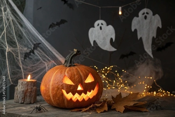 Obraz Spooky Jack o lantern pumpkin, glowing ghosts, lights, spiders and bats in dark. 