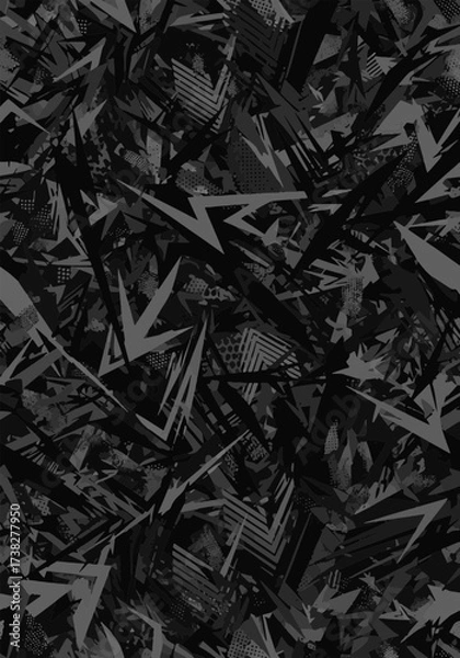 Fototapeta Modern abstract dark background with dynamic geometric pattern, sharp angles, and grunge texture in shades of black and grey.