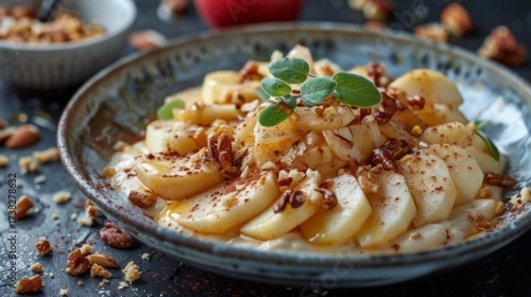 Obraz This dessert combines the natural sweetness and tartness of the apples with the rich, creamy, and crunchy textures of the toppings.