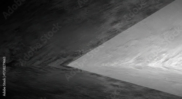 Fototapeta Empty dark concrete room with a large triangular window.