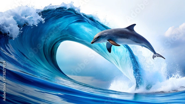 Fototapeta A captivating dolphin leaps out of a powerful blue wave, showcasing the beauty and energy of marine life in its natural habitat