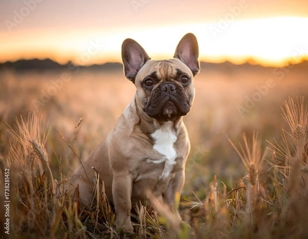 Fototapeta French Bulldog in golden wheat field at sunset