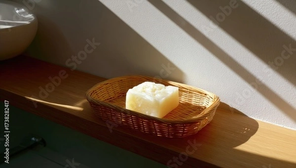 Obraz A bar of soap rests in a light brown wicker basket.