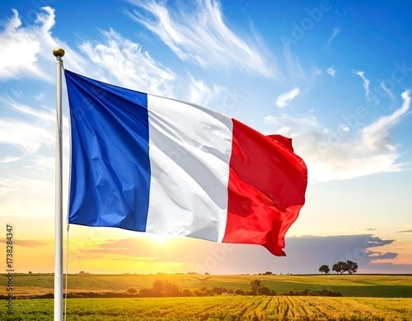 Obraz French flag waving in a field at sunset