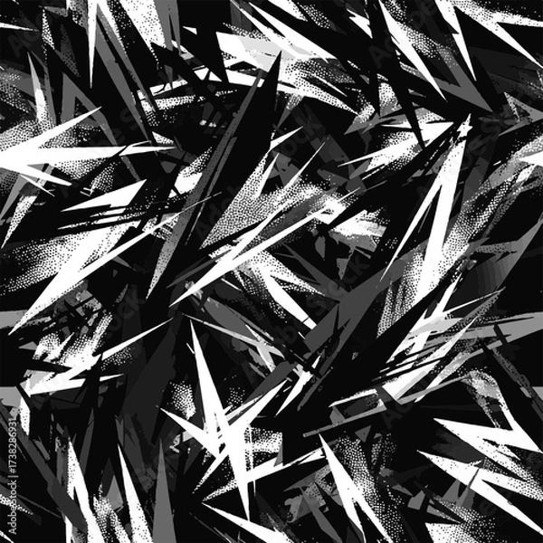 Fototapeta Abstract monochrome seamless pattern with sharp, angular, jagged forms and distressed grunge texture, ideal for modern graphic design backgrounds.