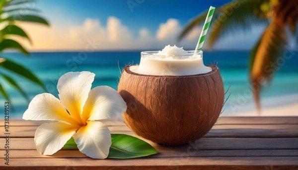 Fototapeta a refreshing tropical beverage reminiscent of the island life featuring a coconut smoothie and garnish