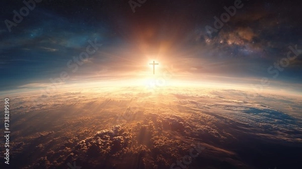 Fototapeta Sunrise behind a cross illuminating clouds with a sense of hope and spirituality