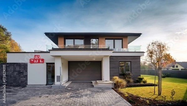Fototapeta a modern two story house with a flat roof is for sale with a sign indicating its availability