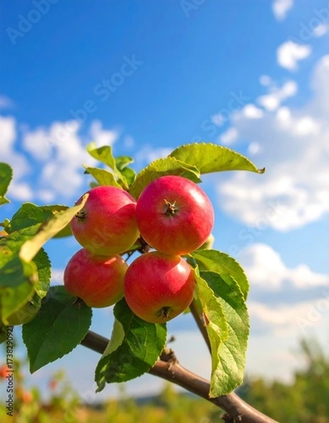 Fototapeta Fresh apples on a branch against a bright blue sky