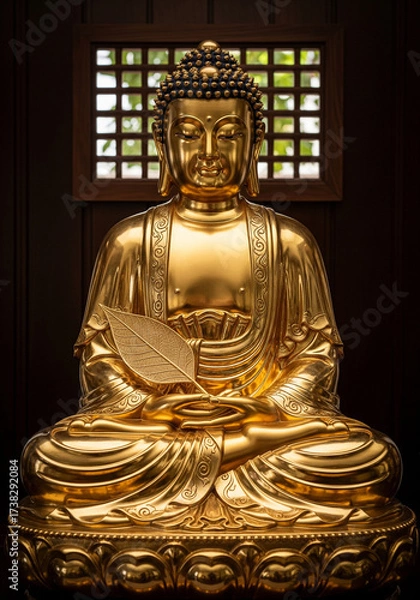 Fototapeta Golden Buddha statue, serene expression, intricate details, peaceful ambiance
