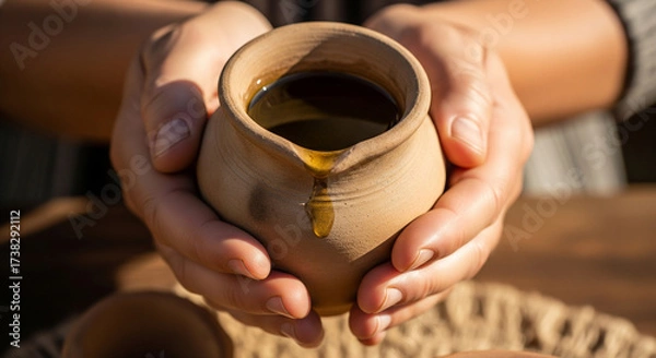 Fototapeta Handcrafted clay pot with honey held gently, showcasing warmth and tradition