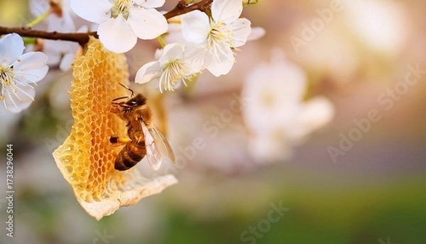 Fototapeta bee honey on tree flower at srping background