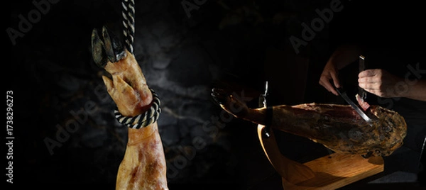 Fototapeta Jamón suspendido y loncheado revela tradición, sabor y elegancia en una composición visual premium. Jamón ibérico colgado con cuerda, fondo negro, lonchas visibles, textura roja, producto iberico