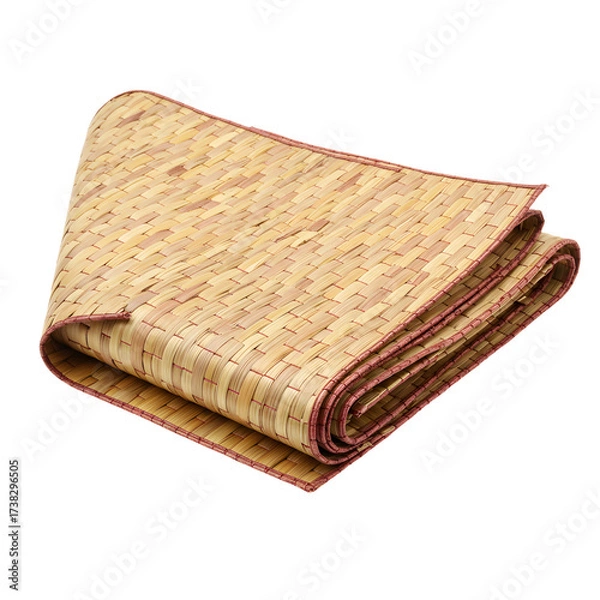 Obraz A folded tan colored woven reed mat with a red border is set on white or transparent background