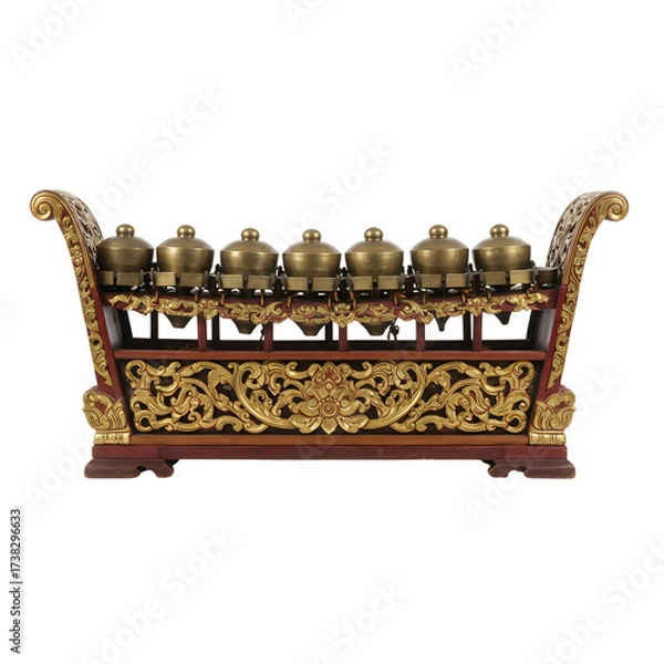 Obraz A gamelan instrument features ornate gold painted wood framing seven brass kettle gongs on white or transparent background
