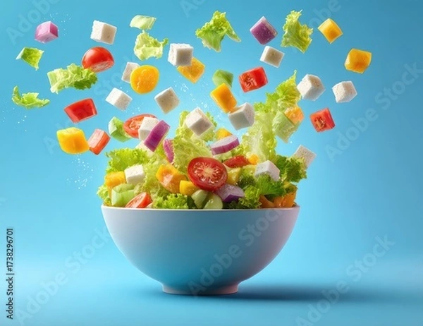 Fototapeta Salad explosion fresh ingredients float above a bowl