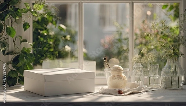 Fototapeta Dessert box near window, soft light