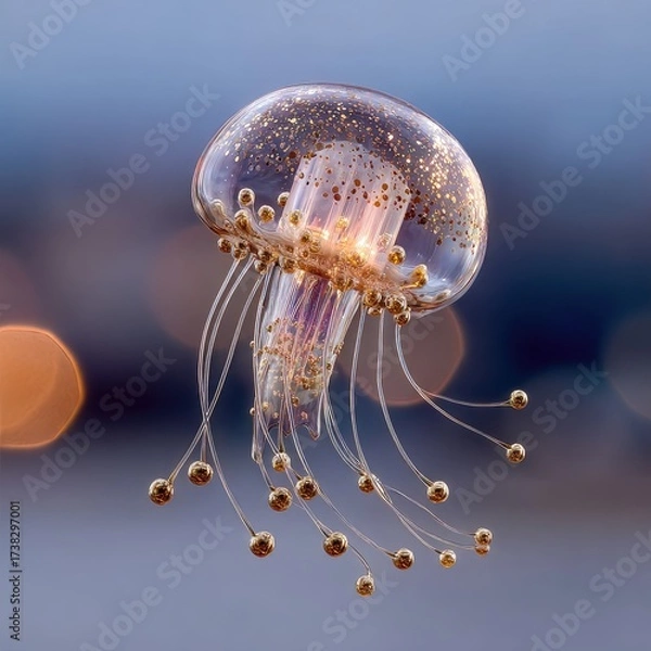 Fototapeta Floating jellyfish, clear with golden specks and dangly beads