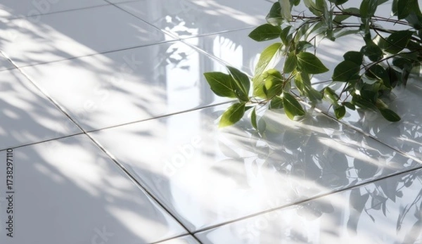 Fototapeta Glossy tiles reflect light, shadowed by leaves and branch