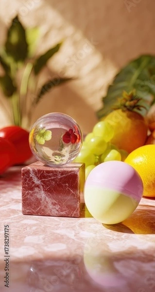 Fototapeta Fruits, sphere and cube on marble. Light, calm, soft hues