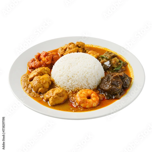 Obraz A plate of rice encircled by diverse curry dishes on white or transparent background