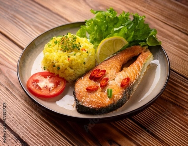 Fototapeta salmon steak egg fried rice fish sauce with chili butterhead lettuce and tomatoes in a ceramic plate on a pine wood table