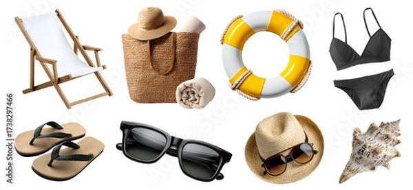 Fototapeta Set of beach pool must-have essential gear, deck chair, towel, inflatable float, seashell sunglass bikini, straw bag, hat, flip flops, transparent cutout PNG. Many different mockup for design
