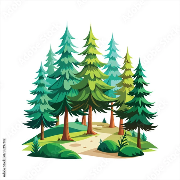 Fototapeta Vibrant pine tree forest landscape with lush greenery and sandy path