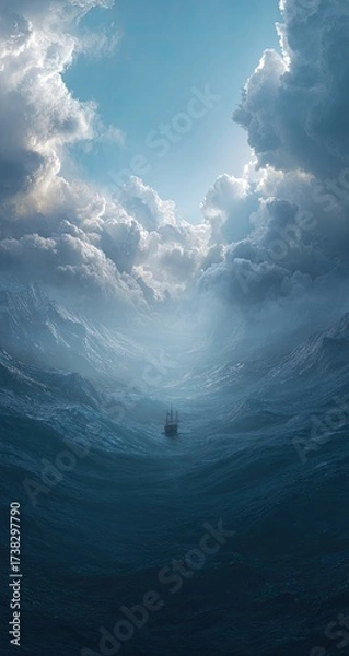 Fototapeta Rough seas, boat distant, sky open through storm