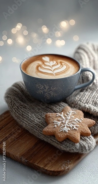 Fototapeta Cozy latte with snowflake cookie