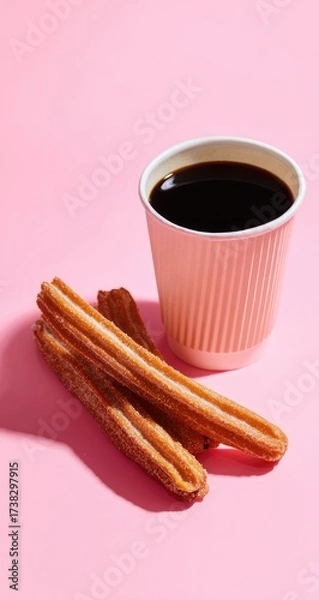 Fototapeta Churros & coffee in pink cup cast harsh shadow on pink backdrop