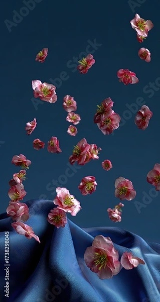 Fototapeta Flowers gently falling on draped, glossy blue fabric
