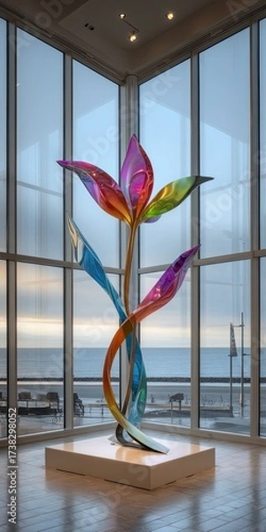 Fototapeta Vivid glass flower sculpture near large windows