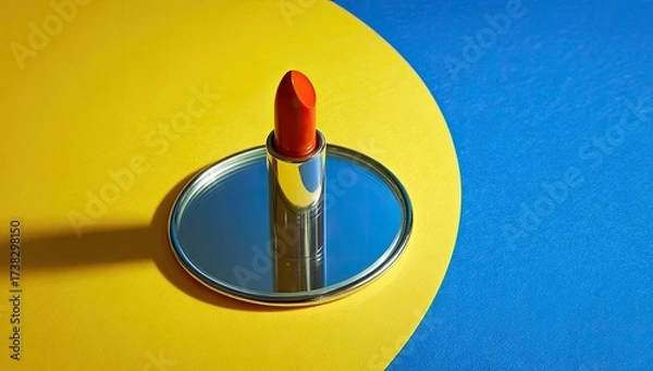 Fototapeta Red lipstick on mirrored disc, yellow & blue