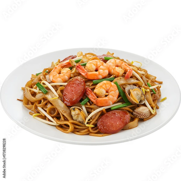 Obraz Char Kway Teow on a plate with prawns sausage clams bean sprouts and green onions on white or transparent background