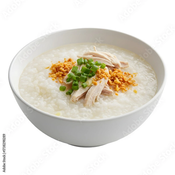Obraz Chicken congee in a white bowl garnished with scallions and fried garlic set on white or transparent background