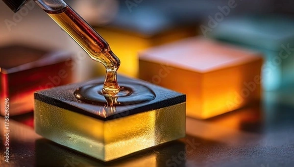Fototapeta Dropper drips fluid onto glossy, colored, cube surface