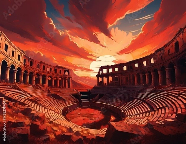 Fototapeta ancient amphitheater ruins stand against a fiery red sky evoking a sense of destruction and dramatic history