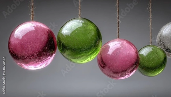 Fototapeta Hanging glass orbs in pink, green, & clear on thin brown strings