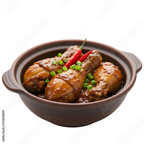 Obraz Glazed chicken drumsticks in a brown bowl garnished with chili peppers  scallions on white or transparent background