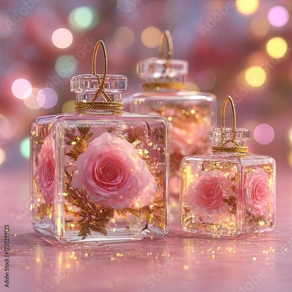 Fototapeta Three clear jars hold pink roses, golden sparkles, lights soft