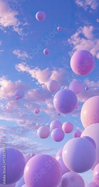 Fototapeta Lavender spheres drift in a whimsical cloudy sky
